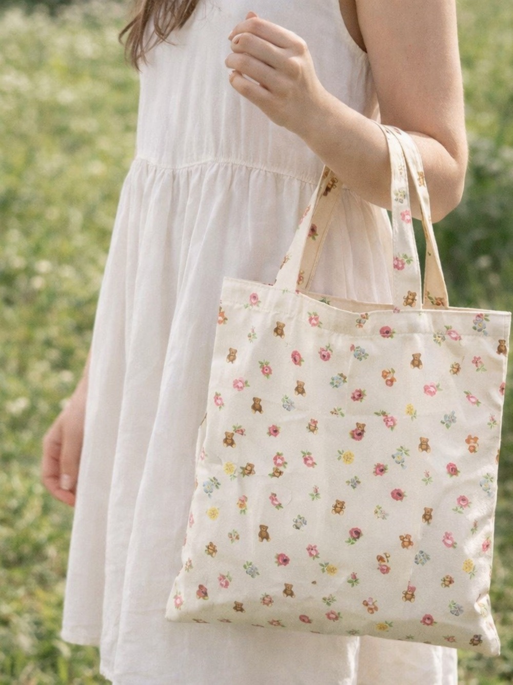 Floral Teddy Bear Tote Bag Cottagecore Cute Canvas Shoulder Bag